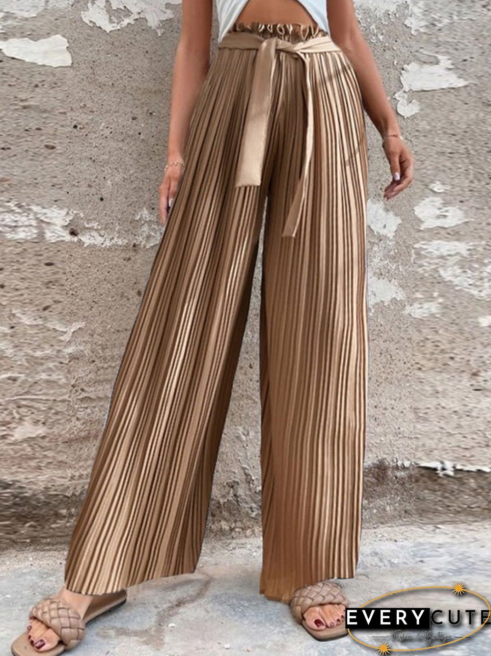 Women'S Pants Pleated Tie High Waist Straight Wide Leg Pants