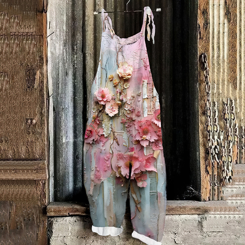 Women's Floral Art Cotton Blend Casual Jumpsuit artswardrobe