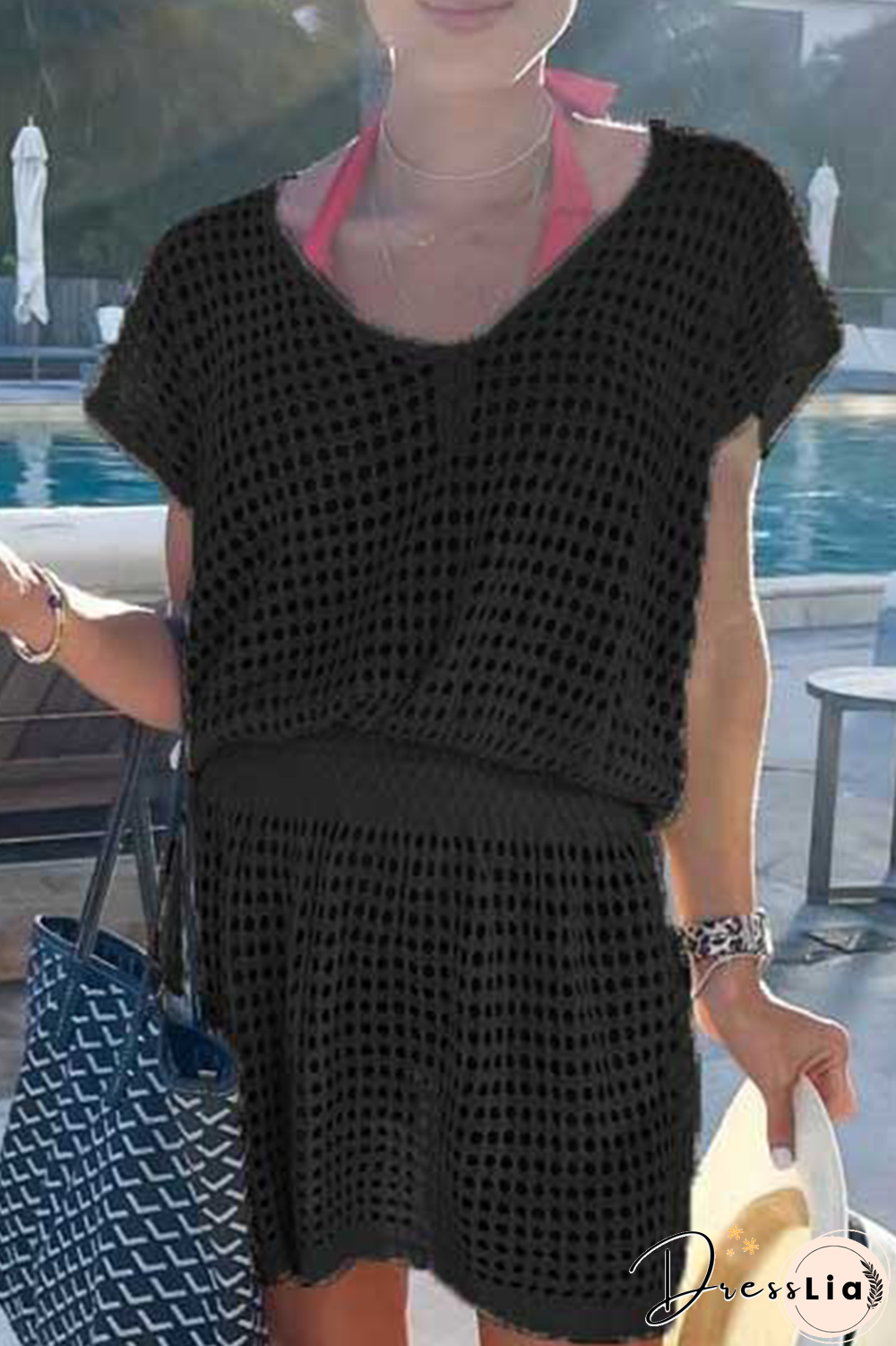 Casual Solid Mesh V Neck Waist Skirt Dresses(5 colors)