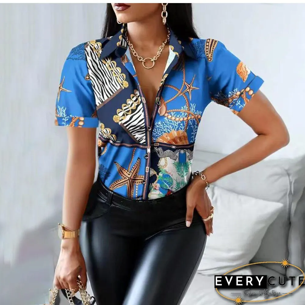Summer Women Black Floral Print Top Shirt Fashion Casual Short Sleeve Turn-down Collar Tops Shirts New Elegant Slim Button Shirt
