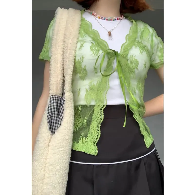 Rapcopter Floral Lace Cardigans Y2K Brown Crop Top Frill Cute T Shirt Tie Up Short Sleeve Tshirt Women Harajuku Tee Top Vintage