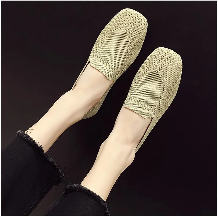 2022 Plus Size Spring New Ballet Flats Women Square Toe Knit Fabric Loafers Breathable Flat Heel Drive Shoes Driving Sneaker
