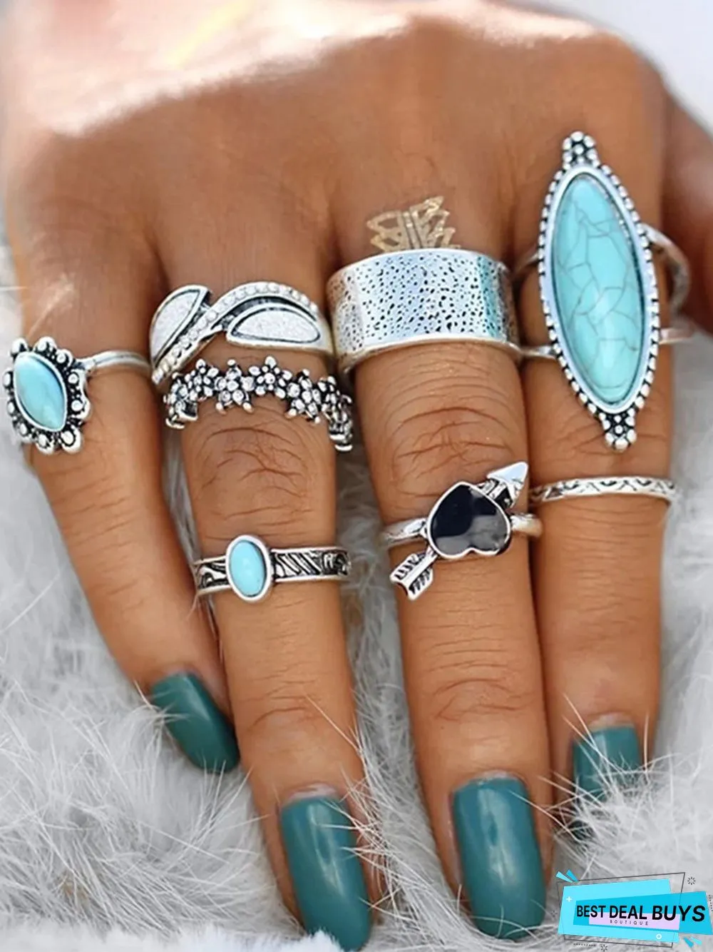 8Pcs Ethnic Style Turquoise Heart Ring Set Beach Holiday Jewelry