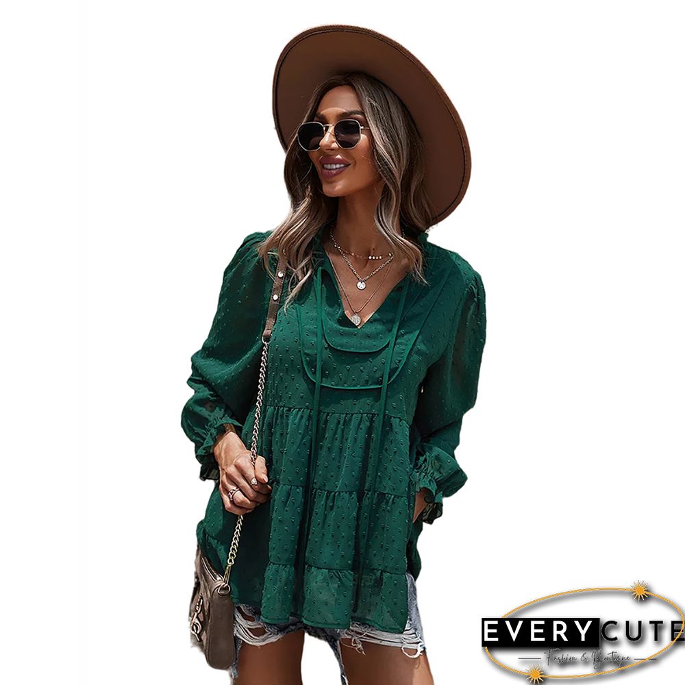Green Swiss Dot Lace Up Long Sleeve Tops
