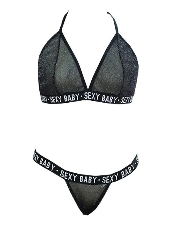 Alphabet Printing See-Through Split Lingerie