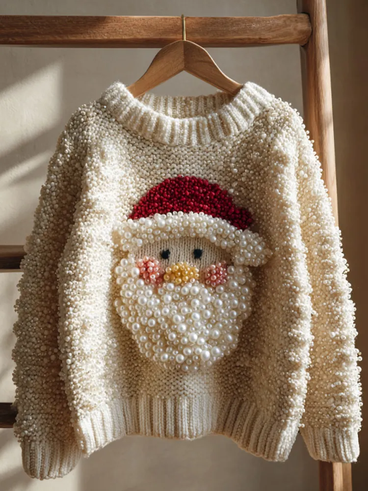 Santa Claus Embroidered Pearl Crew Neck Sweater