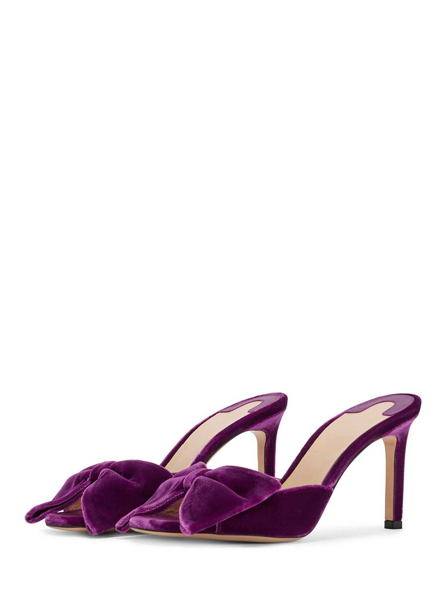Velvet Square Toe Oversized Bow High Heel Mules in Purple