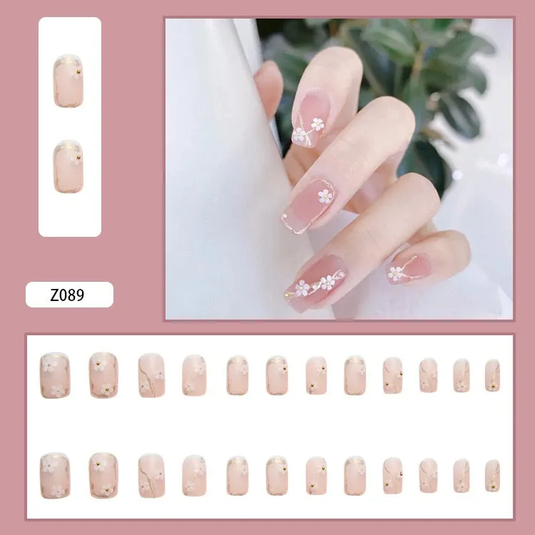24pcs/box Fake Nails With Glue Yellow Flower Printed Type Short Paragraph Fashion Manicure Press On False Nails Gifts For Girls-Nail Inspo
