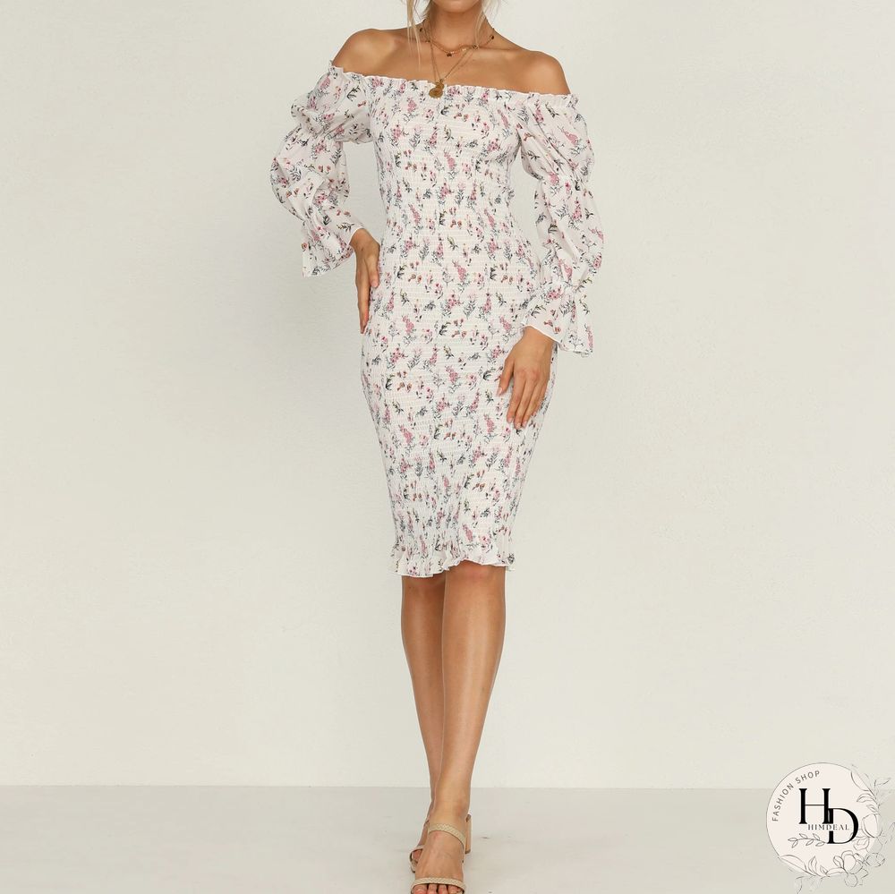 Fashion Strapless Printed Tight-Fitting Mid-Length Package Hip Skirt Spring And Summer Sweet Style