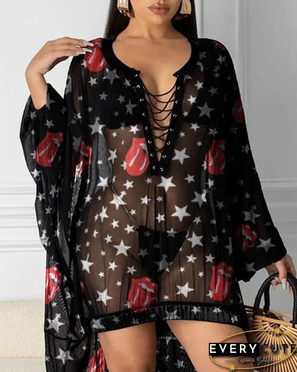 Eyelet Lace-up Sheer Mesh Dip Hem Printed Floral Cover Up