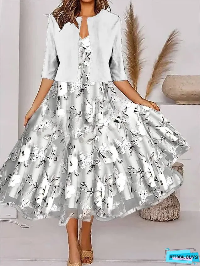 Women's Two Piece Dress Set Casual Dress Chiffon Dress Outdoor Daily Fashion Elegant Print Midi Dress V Neck Half Sleeve Floral Regular Fit Black Pink Gray Summer Spring S M L XL XXL