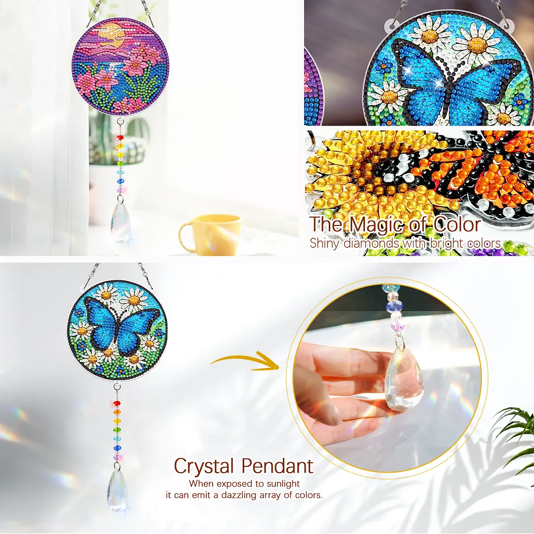 2Pcs Sunset Butterfly DIY Acrylic Diamond Painting Art Wind Chimes with Crystal Pendant Diamond Art Hanging Pendant Double-Sided for Adults Beginners Gift Home Garden Decor