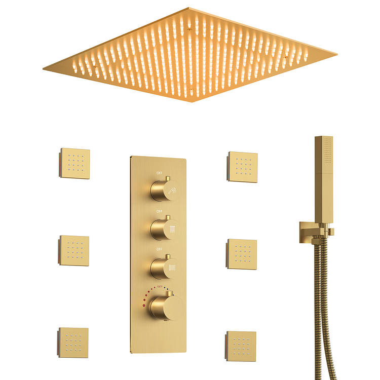 EVERSTEIN Thermostatic LED Rainfall Shower System in Brushed Gold SFS-1028-GD20