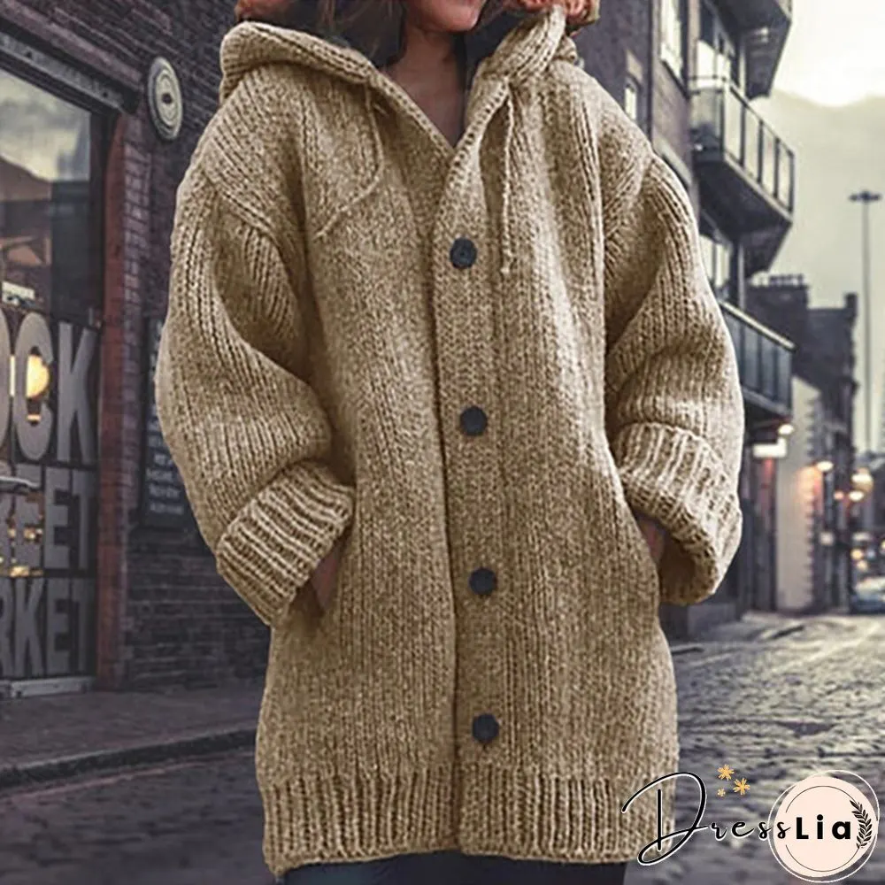 Women Fashion Mid-length Button Up Knitted Cardigan Jackets Ladies Casual Autumn and Winter Hooded Sweater Coats Strickjacke Damen