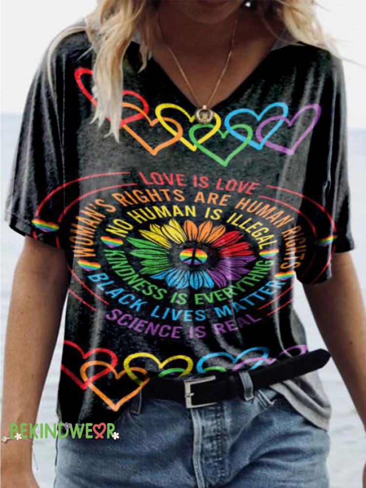 Love Is Love Love Heart Print Casual V-Neck Loose Short Sleeve T-Shirt Multicolor / S
