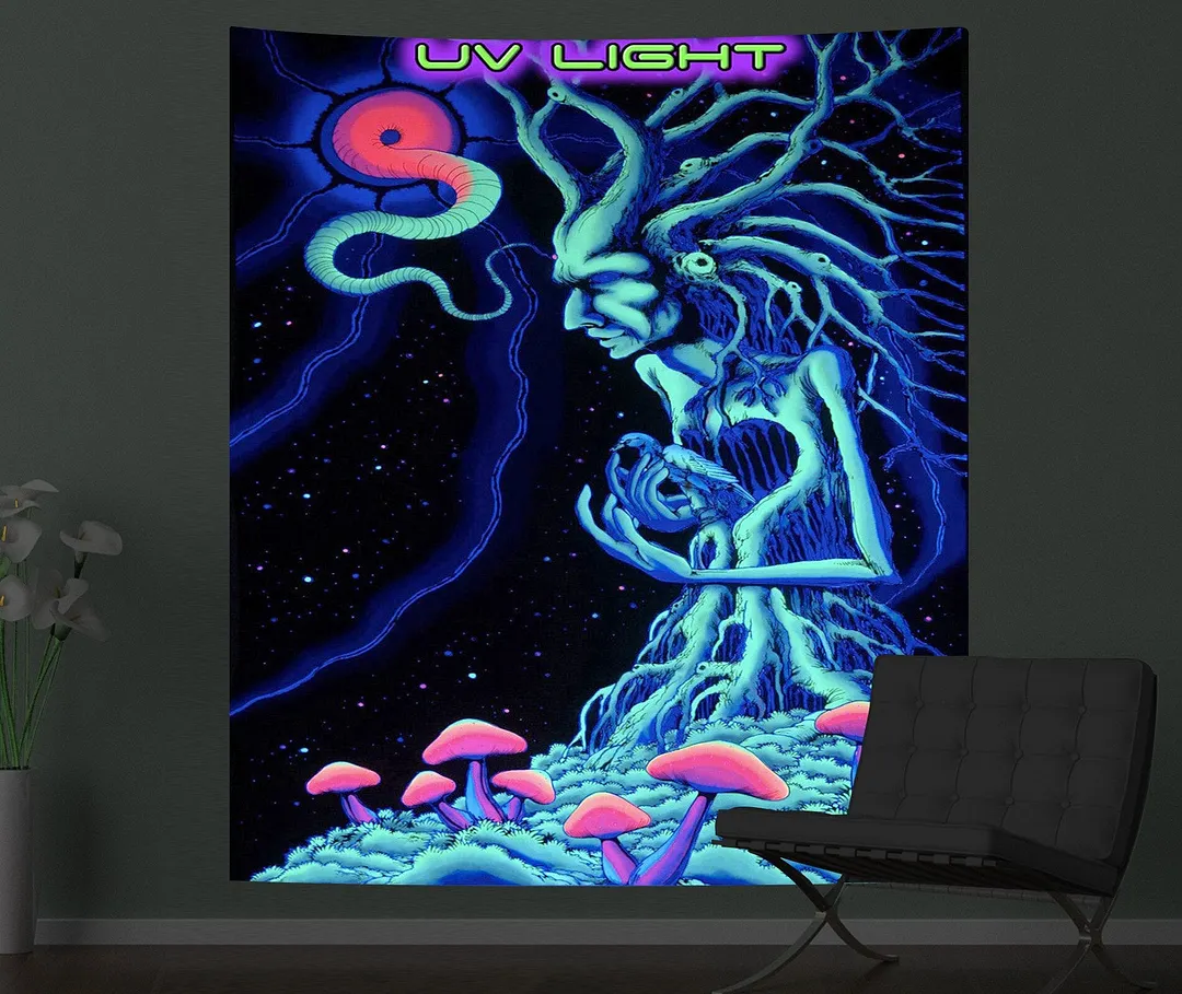 Mushroom Psychedelic Fluorescence Tapestry Wall Hanging Cloth Bedroom Decor Psychedelic Art Poster Glow Under Ultraviolet Light