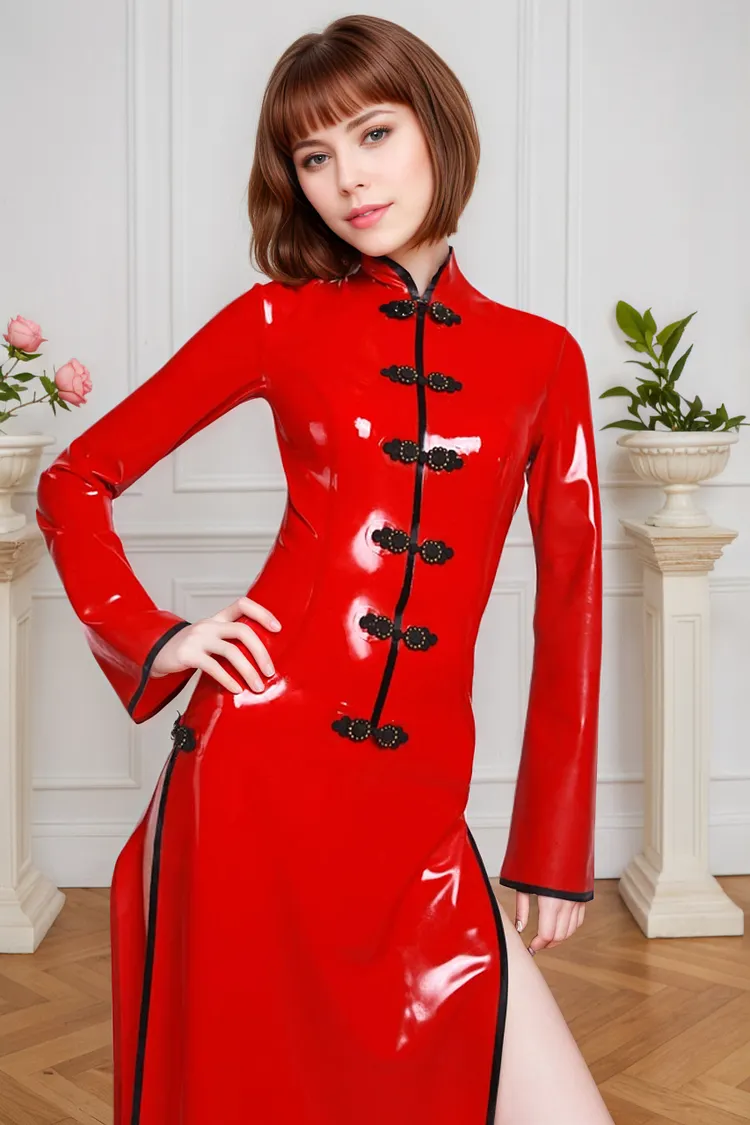 Women Latex Dress Red Cheongsam cosplay