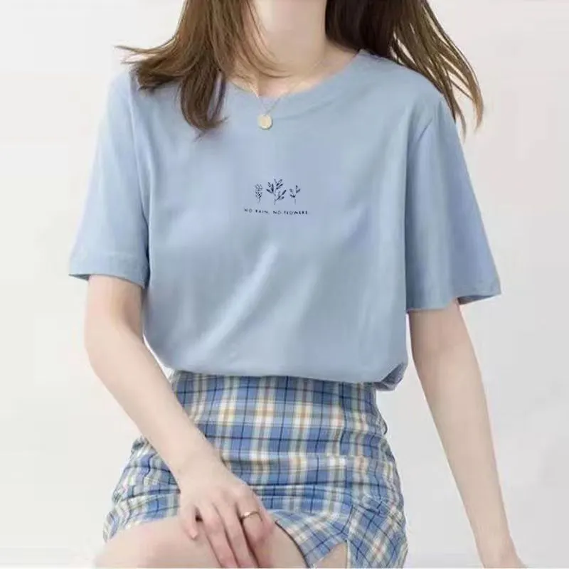Brownm Brownm Sleeve Korean Round Collar T-Shirt Female 2024 Summer Loose Plant Print Casual Solid Color Student Half Sleeve Top Tide