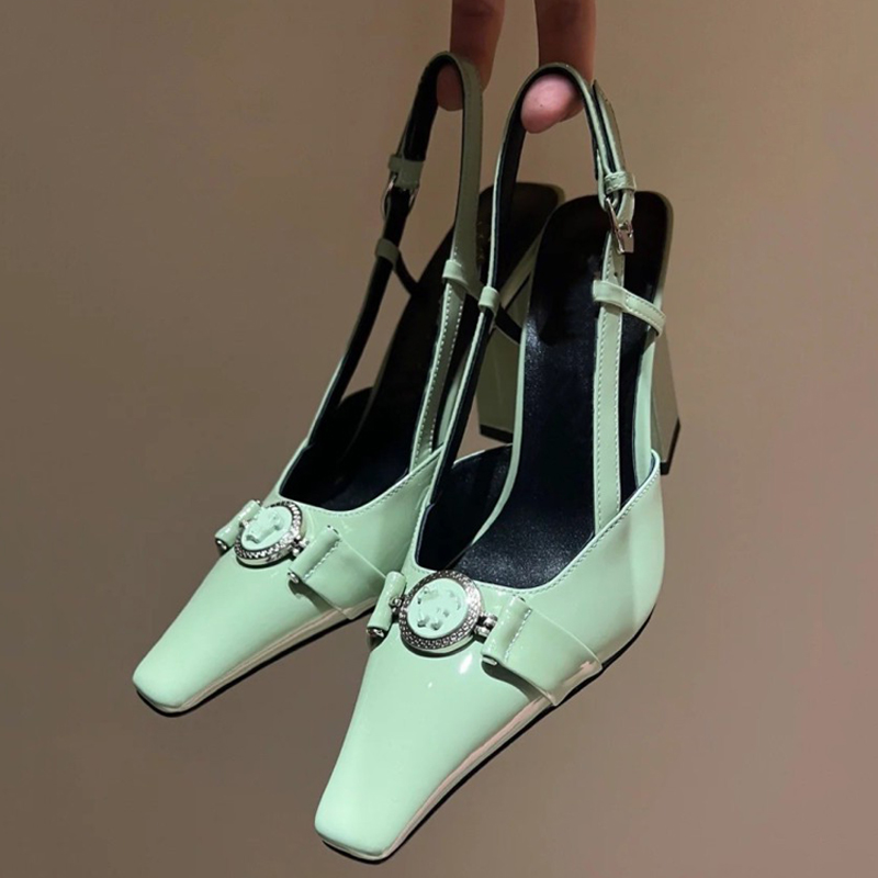 GOOSHOE Ankle Buckles Women Metal Ornaments Pumps High Chunky Heels Sandals Patent Leather Dress Shoes
