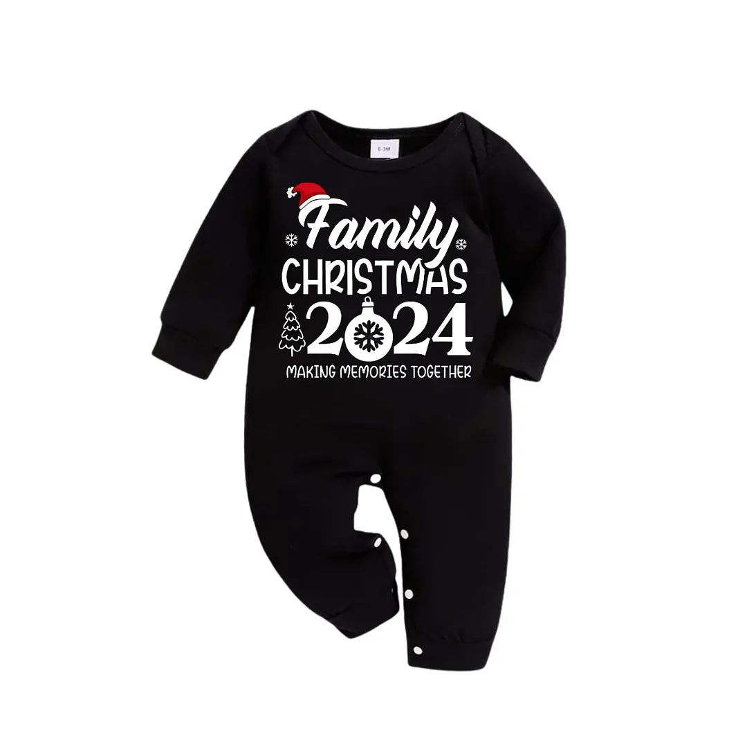 "Family Christmas 2024 Making Memories Together" Text and Santa Hat Printed Black and Green Plaid Family Christmas Matching Pajamas