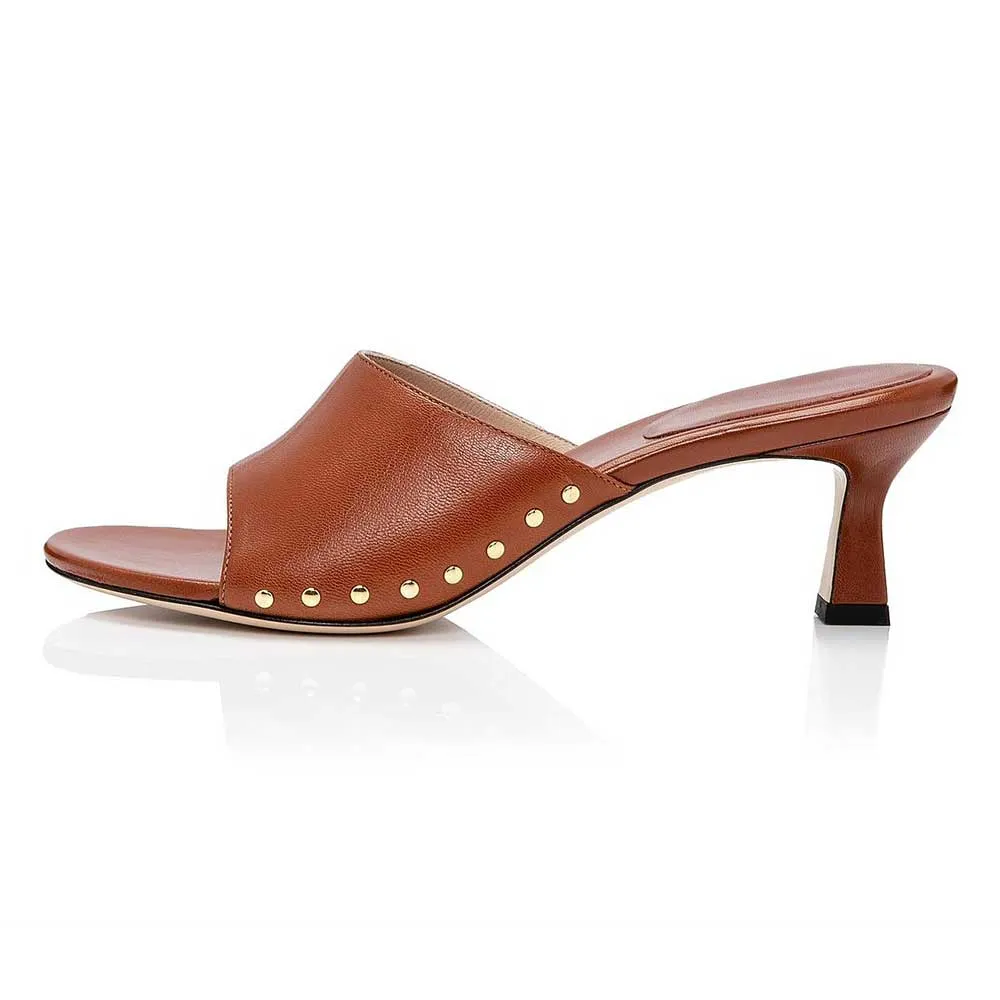 Brown Faux Leather Round Toe Flared Heel Mules for Women with Studded