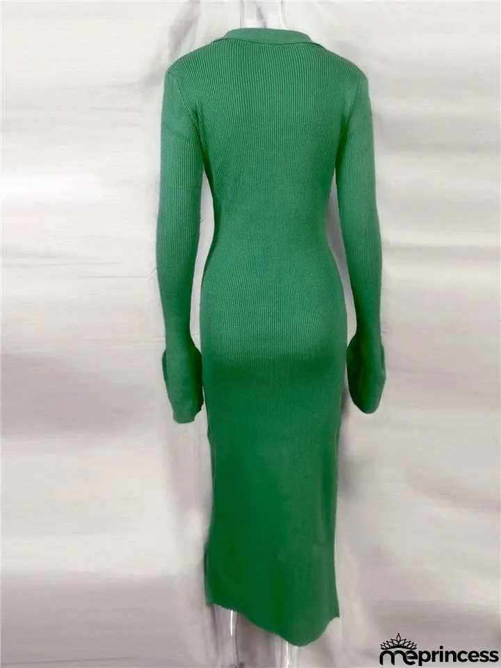 Women's Fashion Simple Style V-Neck Long Sleeve Sweater Dress