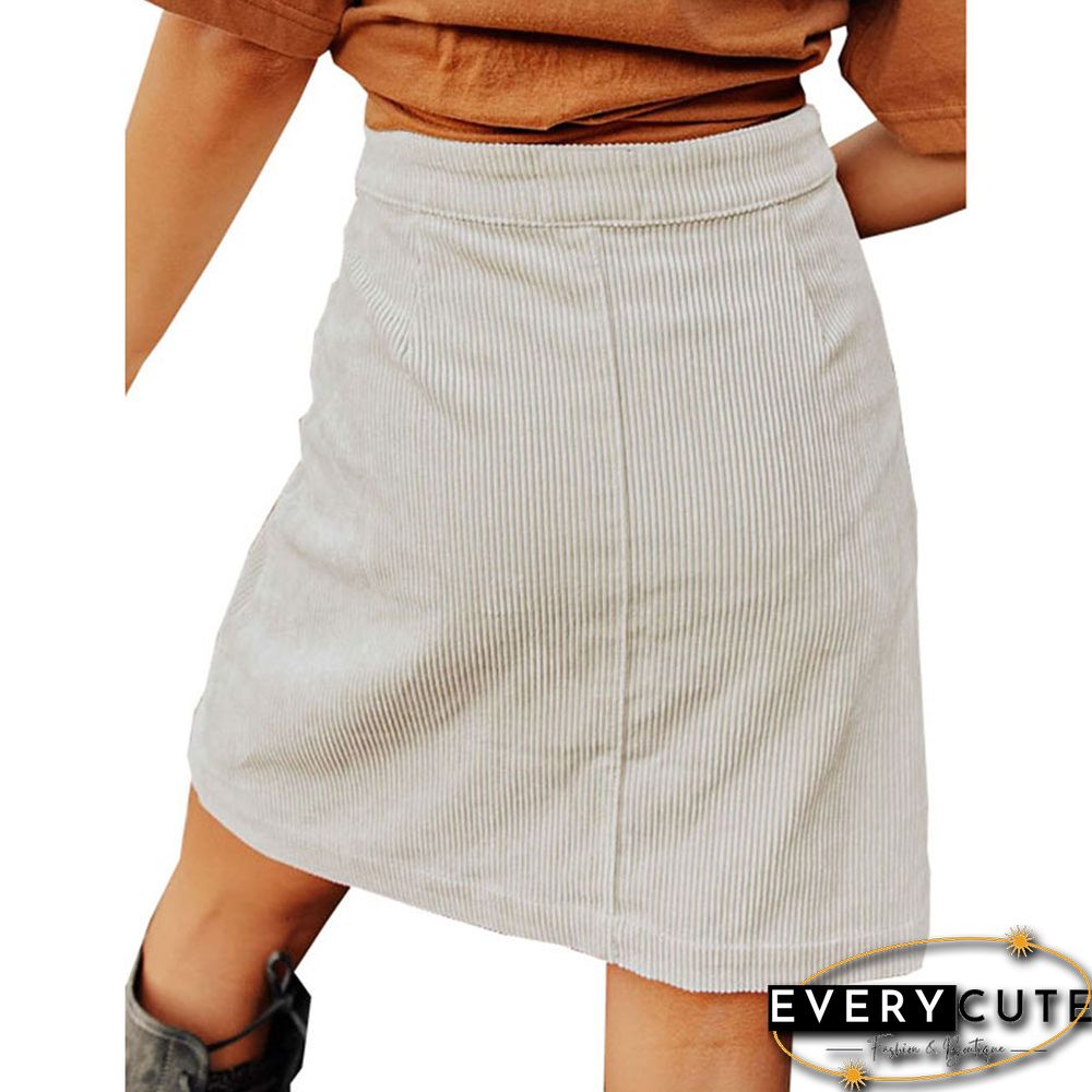 White Corduroy Button High Waist Skirt