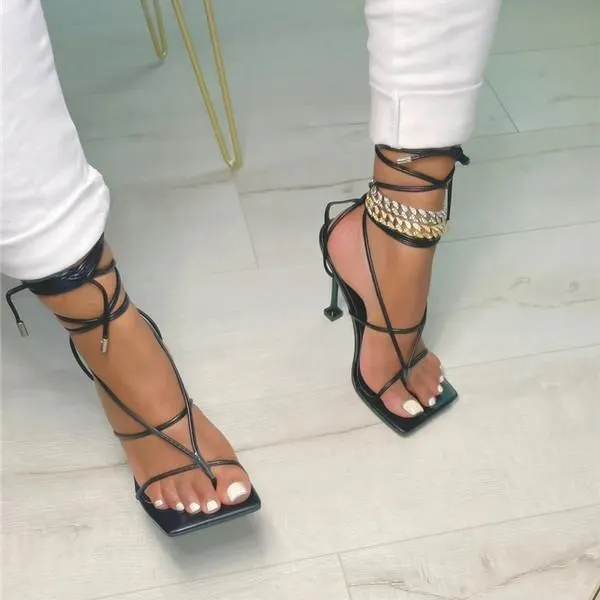 Sexy Open Squared Toe Thong Strap Heels