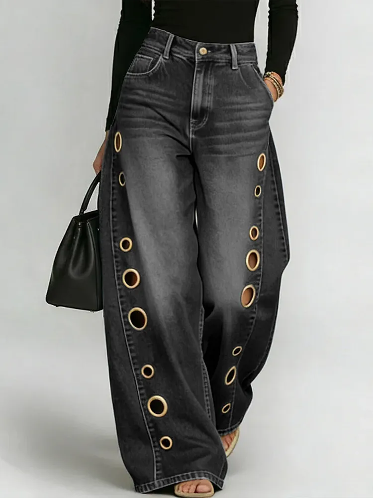 Buttoned Geometric Hollow Pockets Split-Joint High Waisted Loose Jean Pants Bottoms