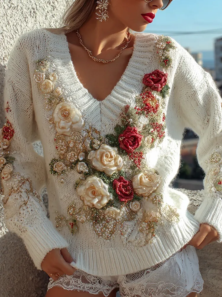 Cute Christmas Inspired Roses Embroidered Cozy Sweater