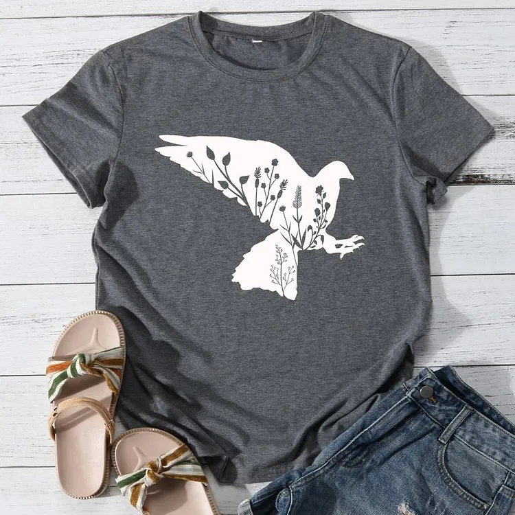 flower and eagle Round Neck T-shirt-0025928