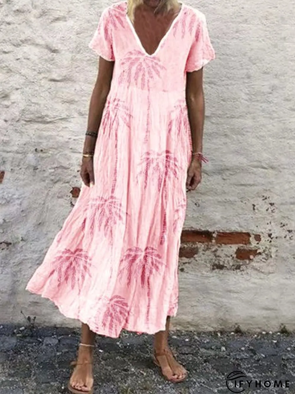 Women Short Sleeve V Neck Vintage Plant Floral Casual Weaving Dress | IFYHOME