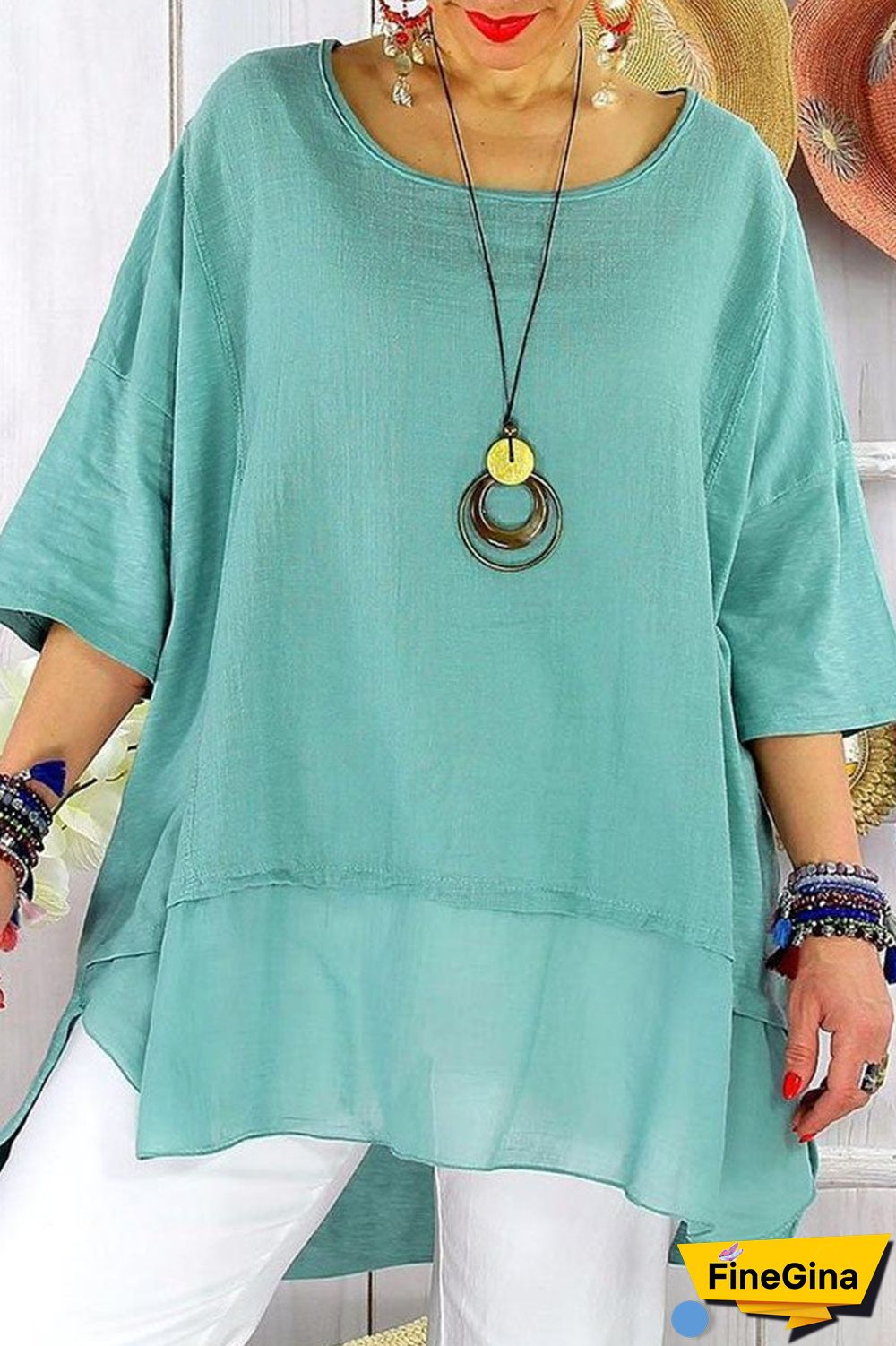 Fashion Street Solid Split Joint O Neck Plus Size Tops