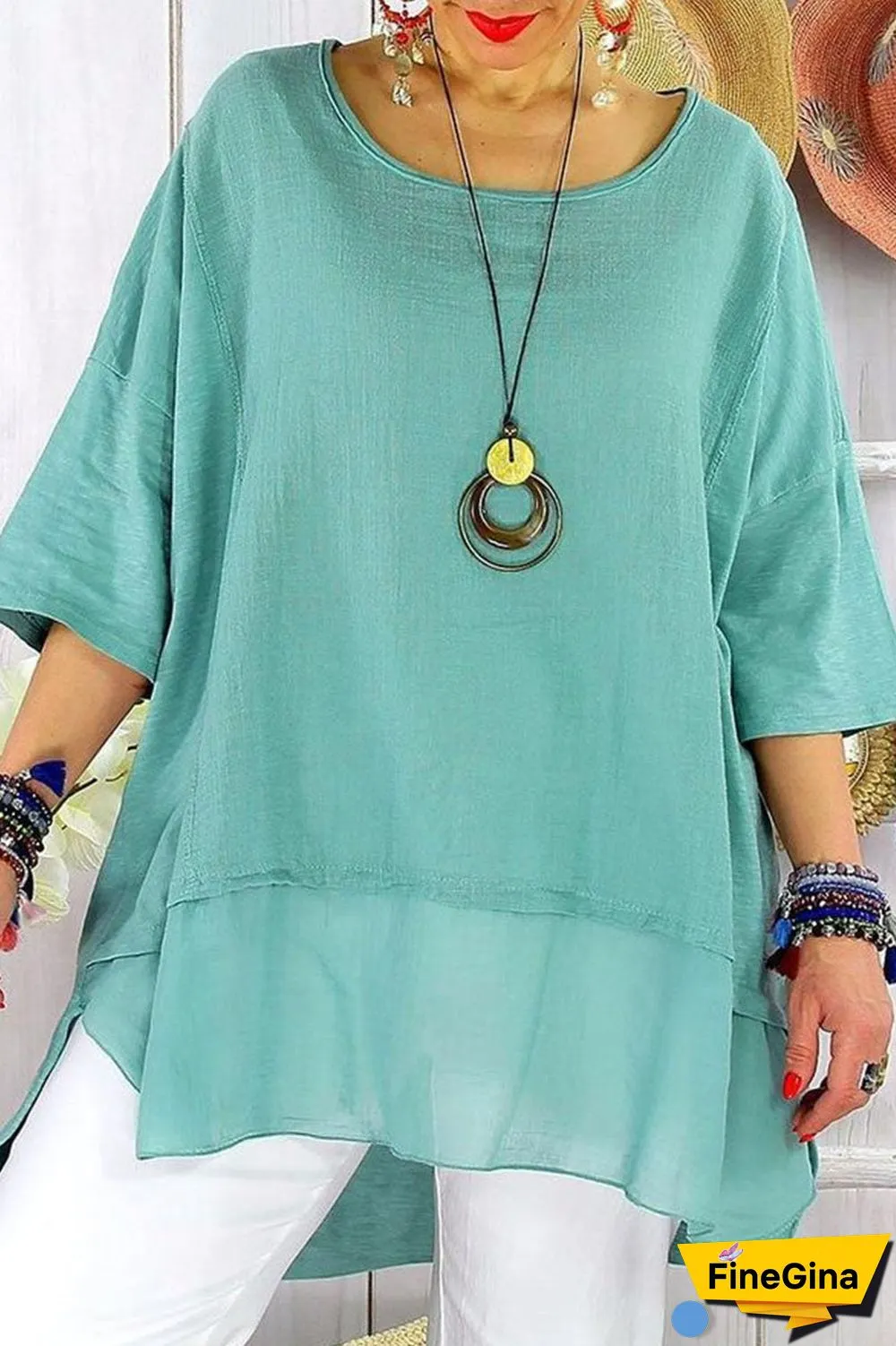 Fashion Street Solid Split Joint O Neck Plus Size Tops