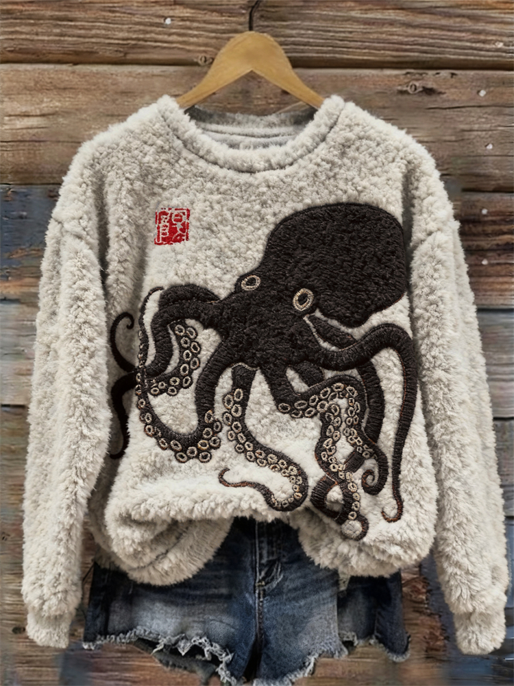 Japanese Octopus Lino Art Embroidered Cozy Plush Sweatshirt