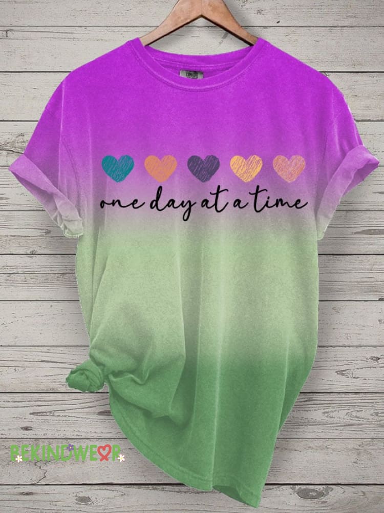 Women&rsquo;s One Day At A Time Print Round Neck T-Shirt Purple / S