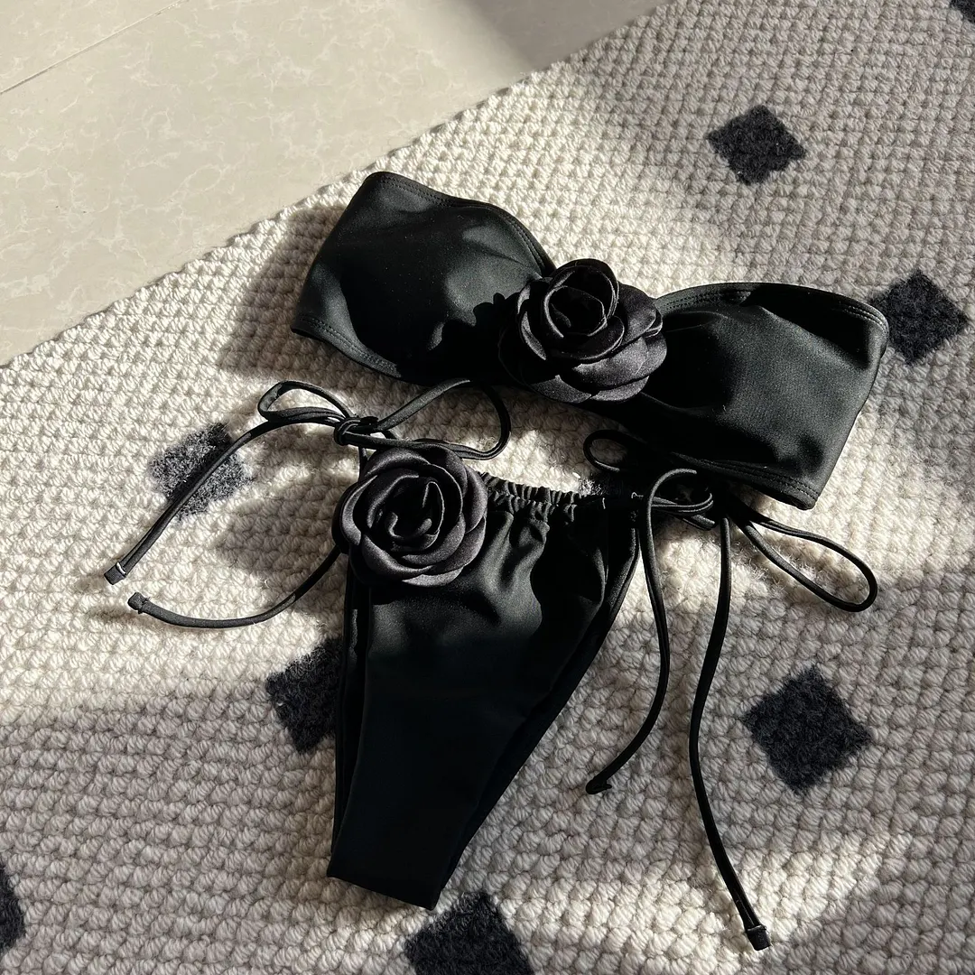 Uveng 2024 New Solid-Colored Rose Breast Drawstring Strap Split Swimsuit Bikini9150