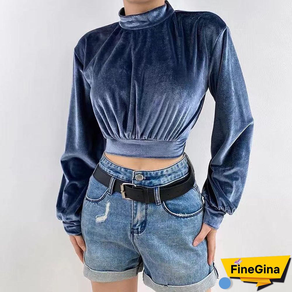 Elegant Turtleneck Velvet Crop Tops Women Autumn Solid Long Sleeve Sweatshirts Pullover Female Korean Fashion Streetwear