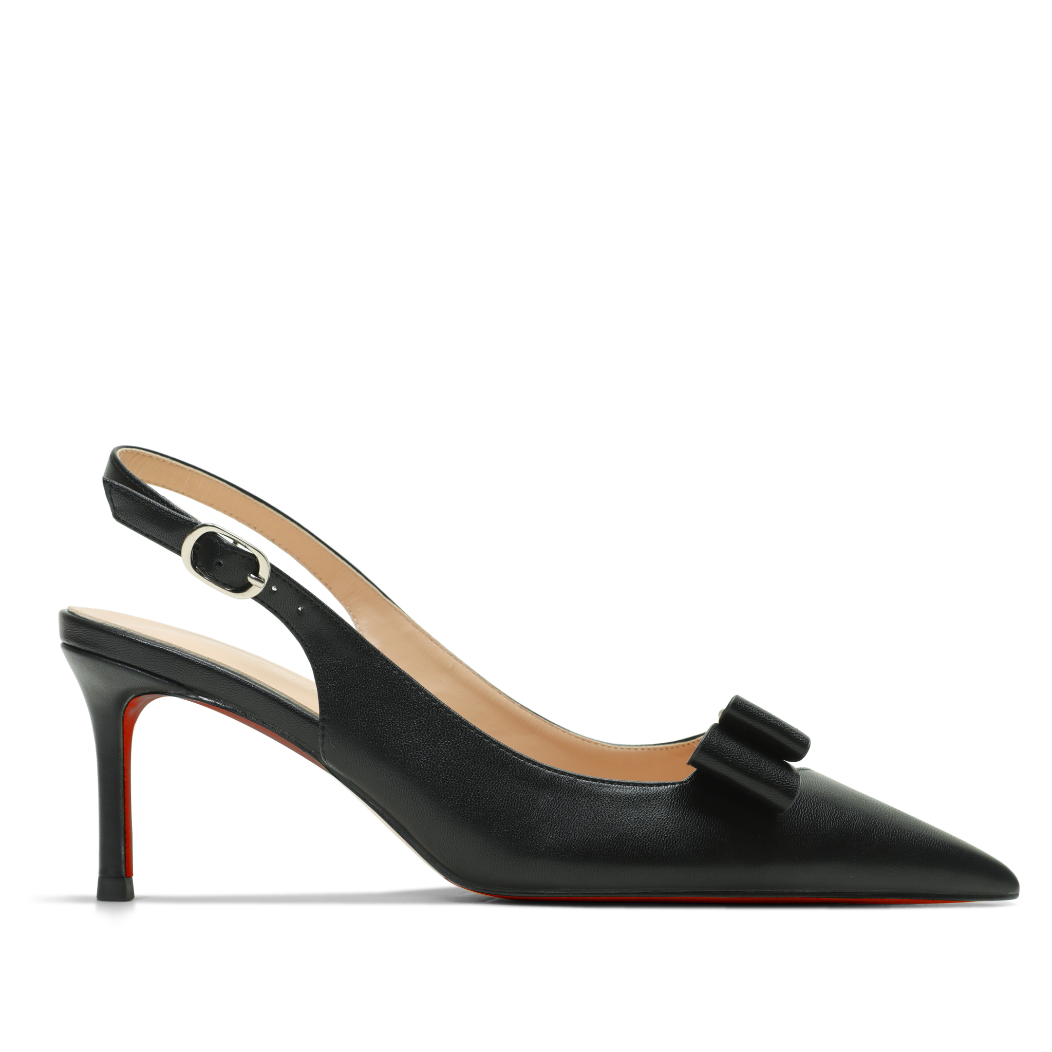 65mm Women's Pointed Toe Kitten Heels Bow-Knot Slingback Pumps Red Bottom Matte Sandals-MERUMOTE