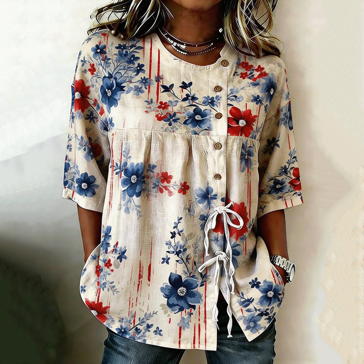 Comstylish Women's Anniversary Print Half Sleeve Casual Blouse