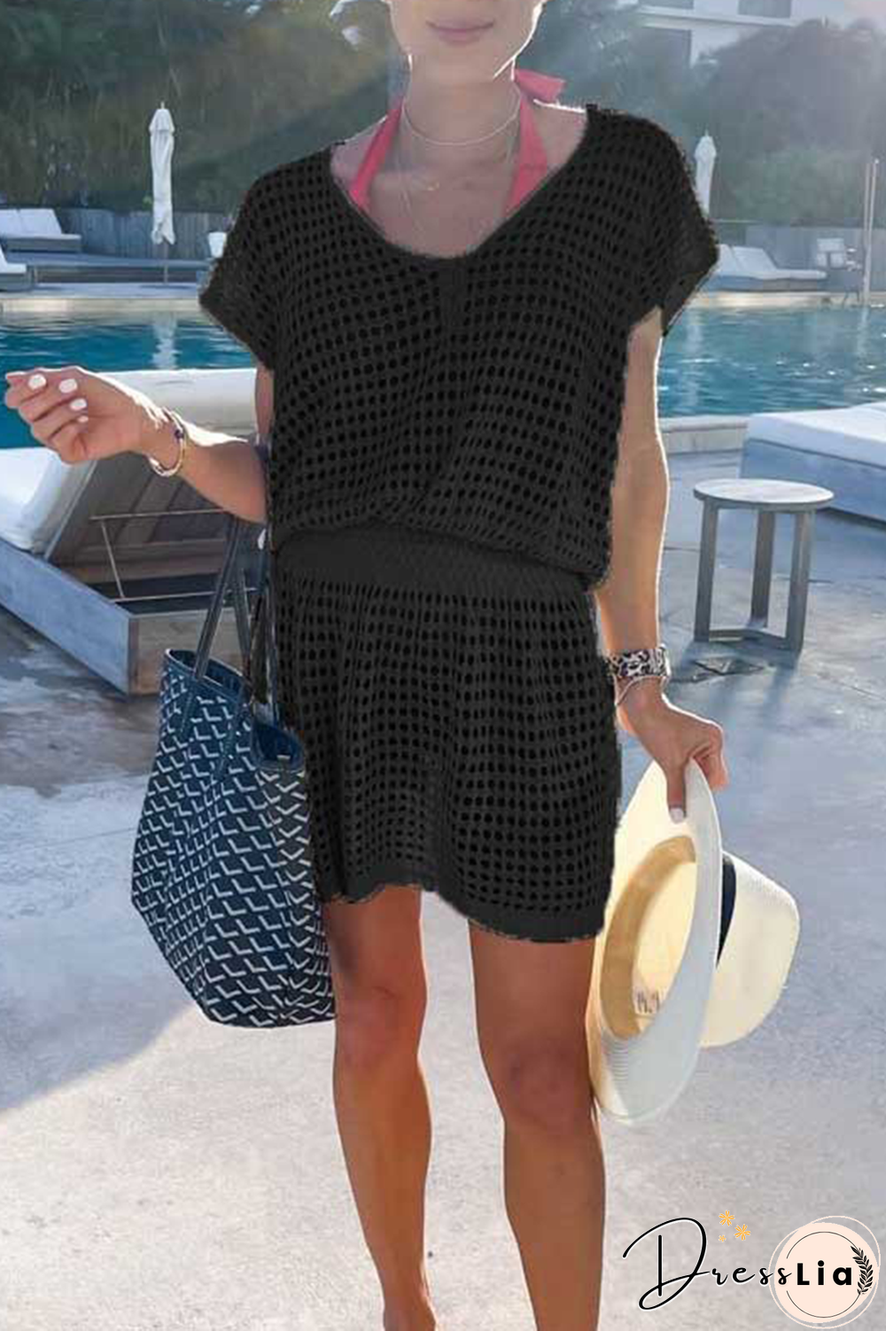 Casual Solid Mesh V Neck Waist Skirt Dresses(5 colors)