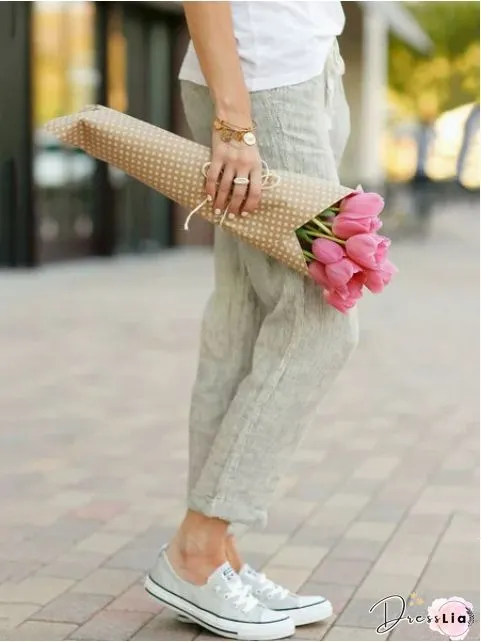 Pockets Cotton-Blend Solid Casual Pants
