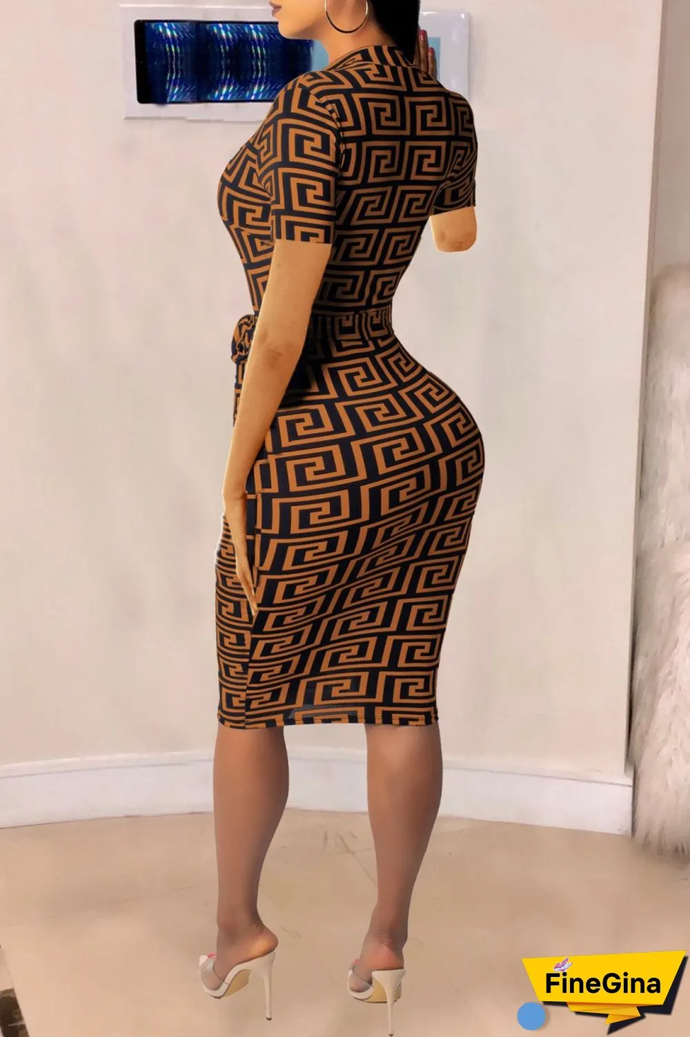Brown Casual Print Patchwork Zipper Collar Short Sleeve Dress