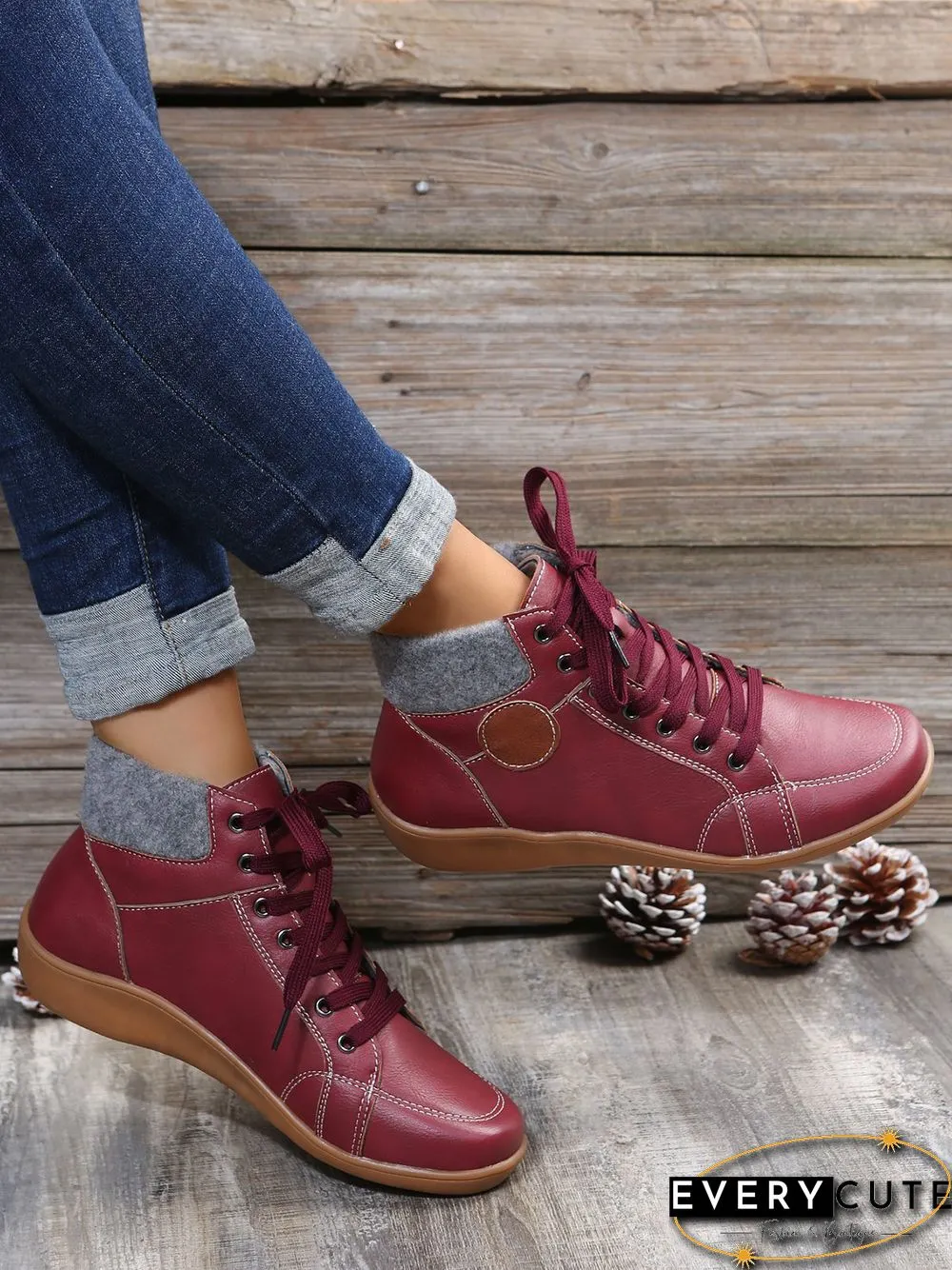 PU Leather Suede Panel Casual Short Boots