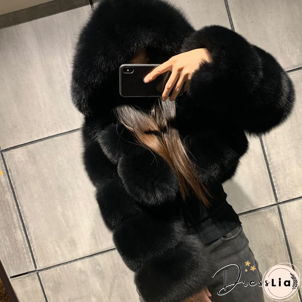 Plus size Women Jacket Fashion Autumn Winter Faux Fur Cropped Coat Fluffy Zip Hooded Warm Short Jacket