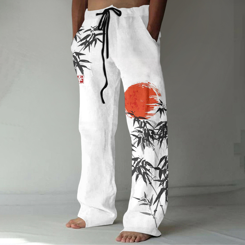 Japanese Bamboo Forest And Red Sun Art Linen Blend Casual Pants  artssus
