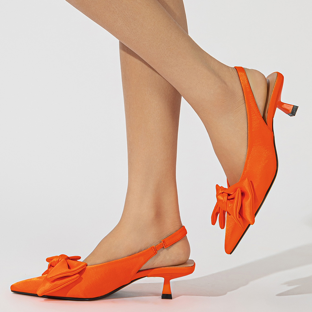 Orange Satin Pointed Toe Kitten Heel Slingback Pumps with Bow Nicepairs