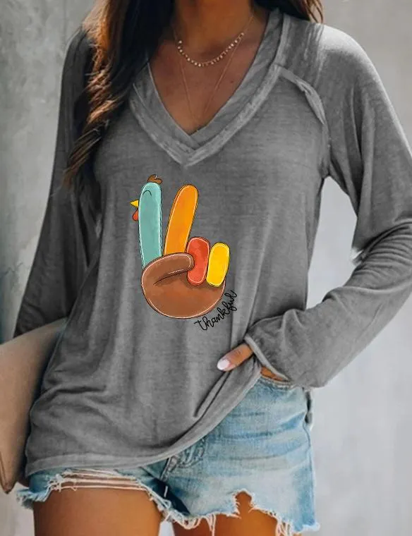 Peace Sign Turkey Thankful Long Sleeve V-Neck Blouse
