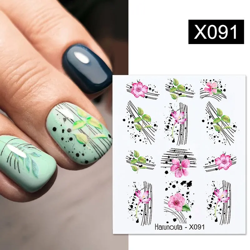 Harunouta Geometrics Line Water Decals Stickers Flower Leaves Tropical Plants Slider For Nails Spring Summer Nail Art Decoration