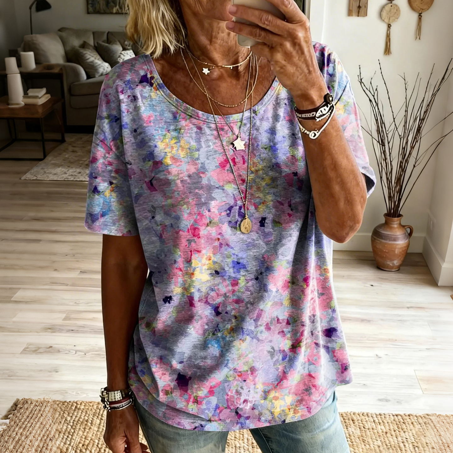 Comstylish Women's Floral Art Print Short Sleeve Casual T-shirt